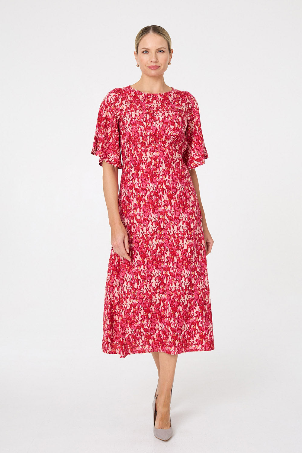 Ditsy Floral 1/2 Flare Sleeve Midi Dress Detail View