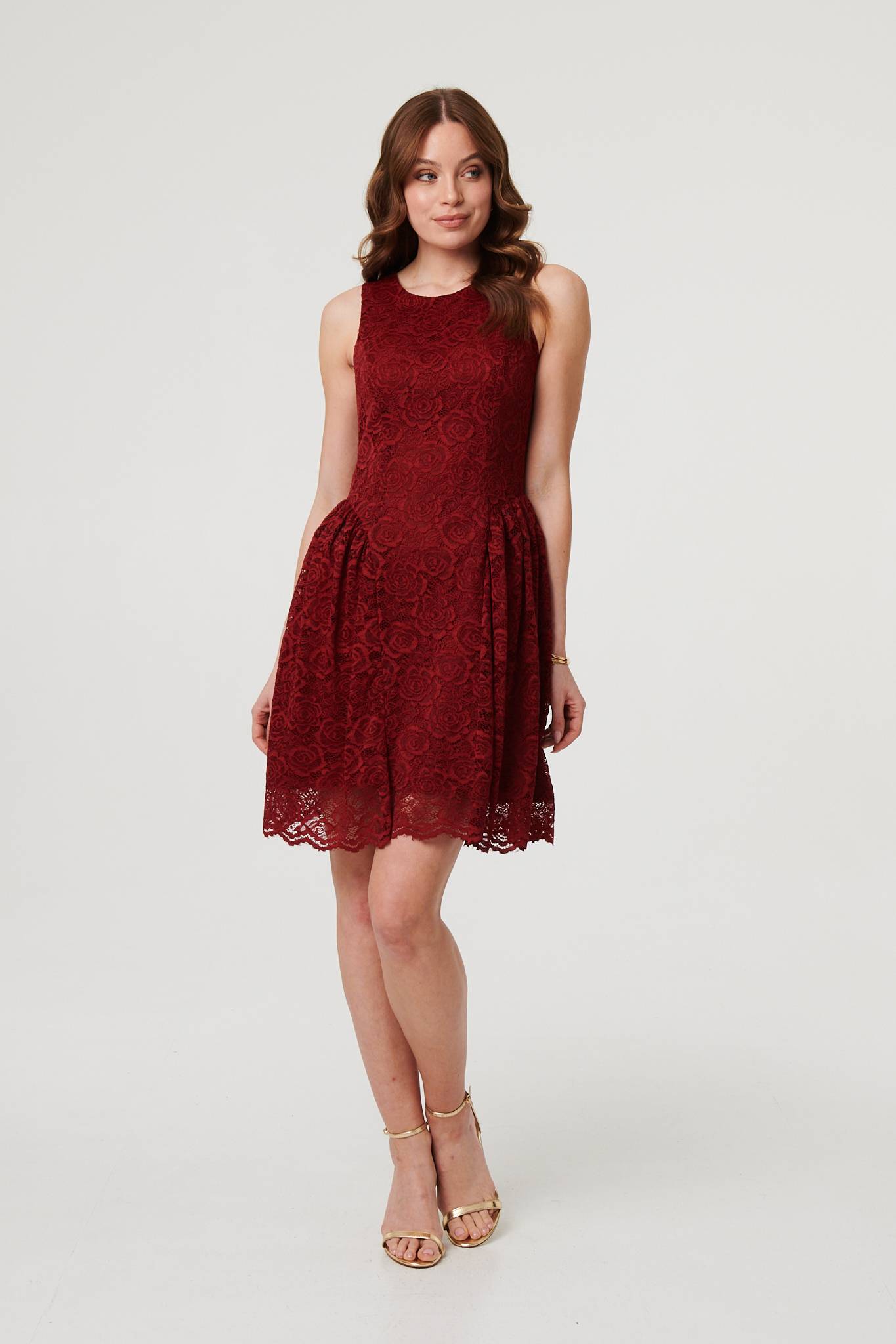Lace Layer Sleeveless Short Skater Dress Styled View
