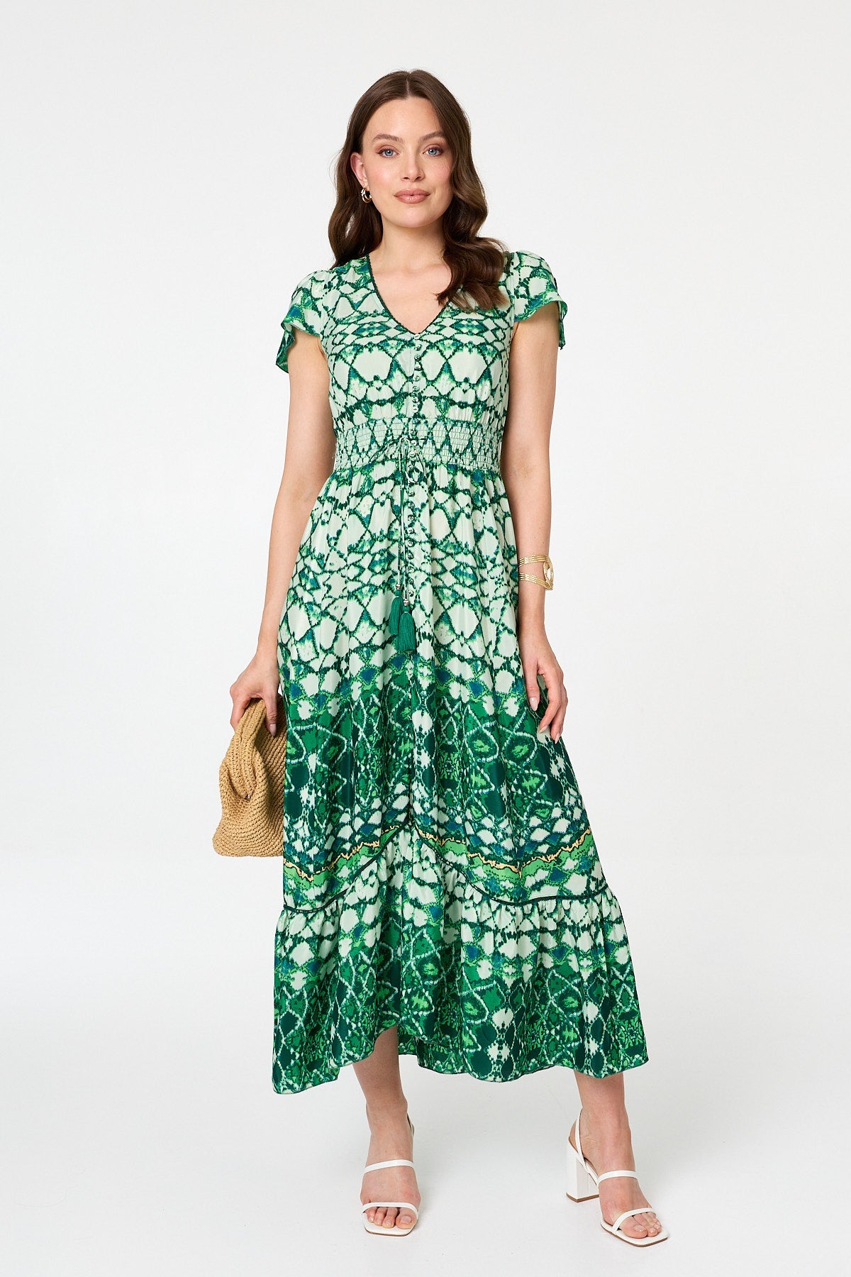 Abstract Cap Sleeve Shirred Maxi Dress Front View