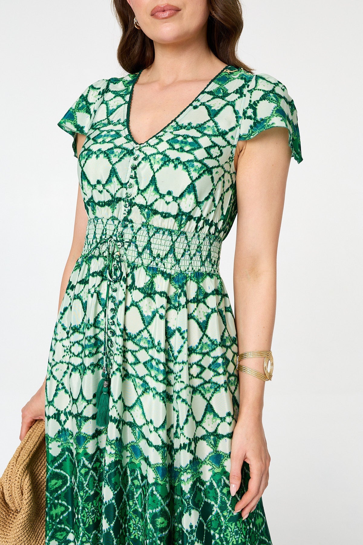 Abstract Cap Sleeve Shirred Maxi Dress Full Length View