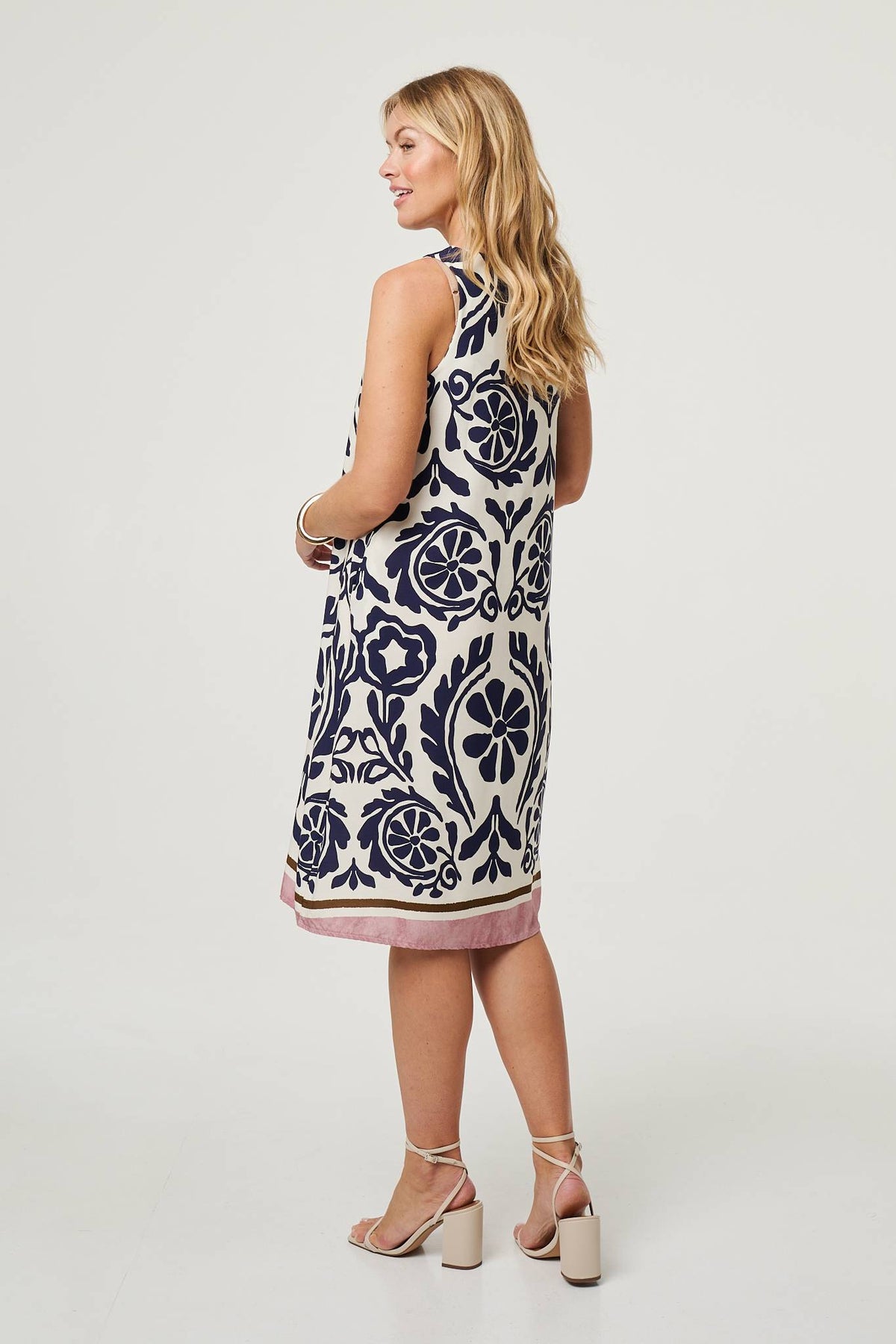 Printed Sleeveless Midi Shift Dress Styled View