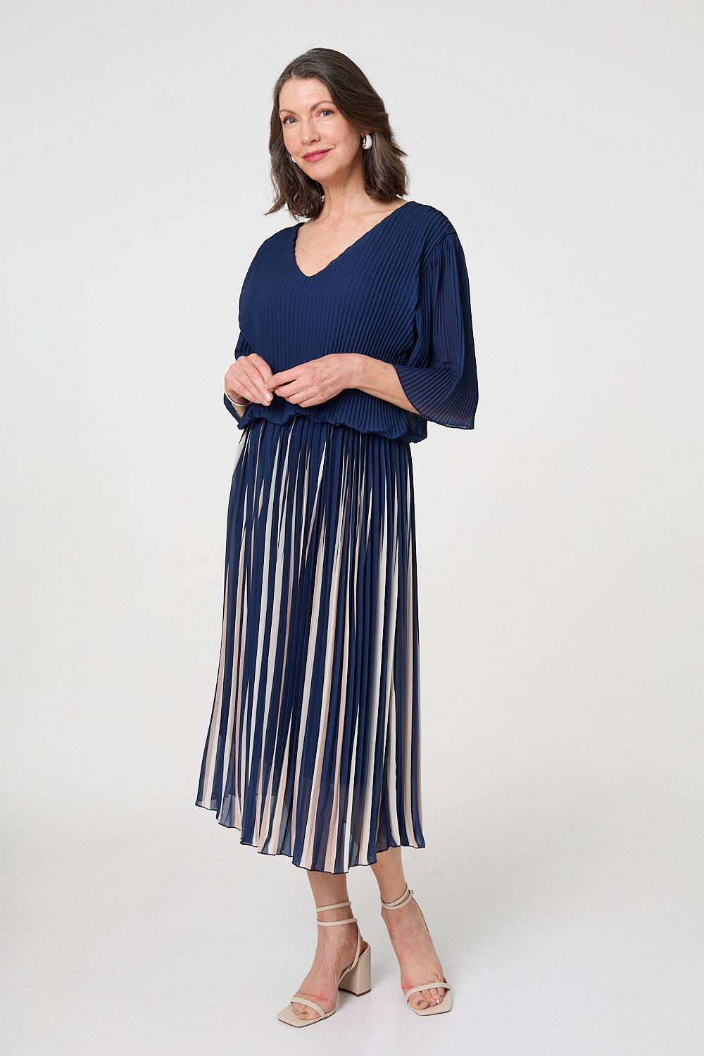 Striped Pleat 1/2 Sleeve Midi Dress Full Length View