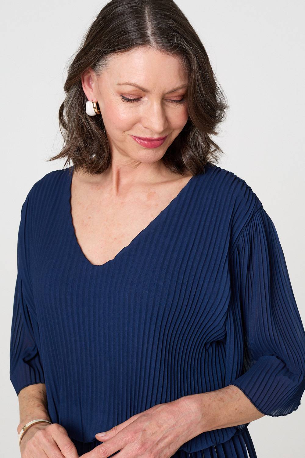 Striped Pleat 1/2 Sleeve Midi Dress Side View 2