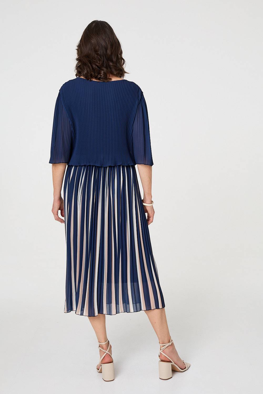 Striped Pleat 1/2 Sleeve Midi Dress Styled View