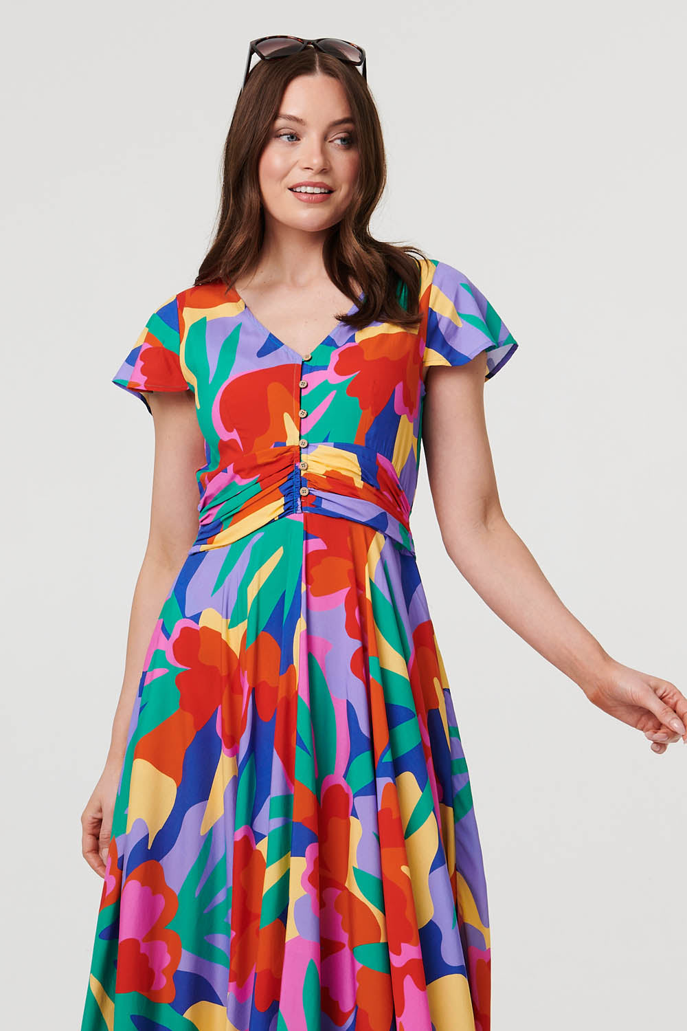 Abstract Floral Tie Ruched Maxi Dress Styled View