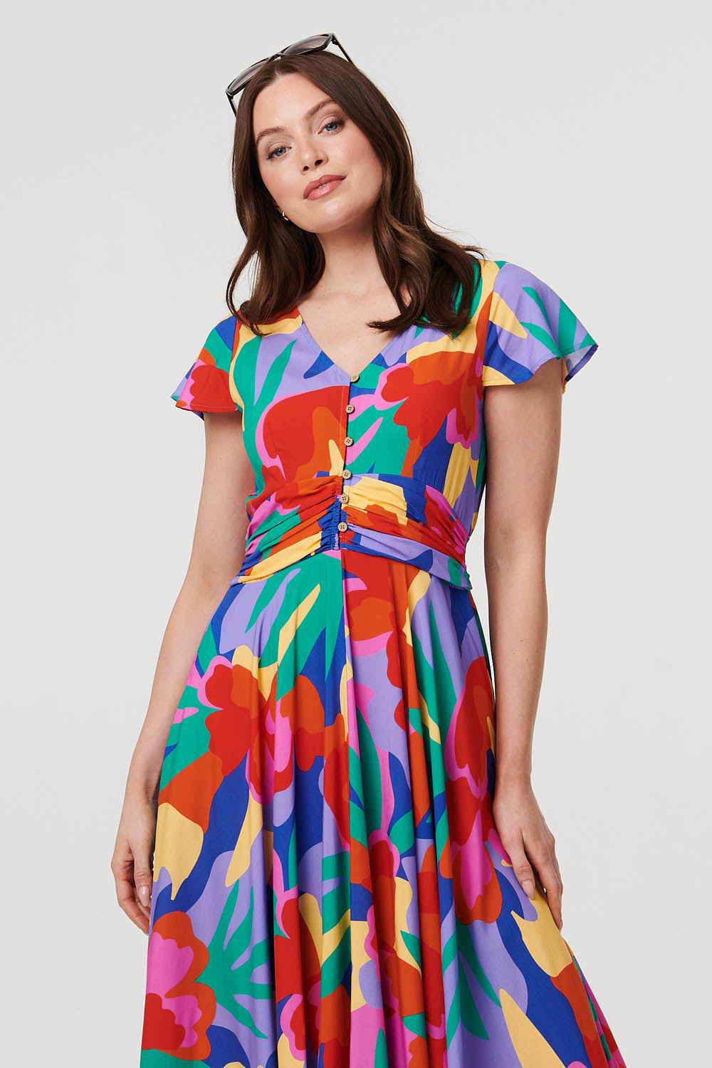 Abstract Floral Tie Ruched Maxi Dress Back View