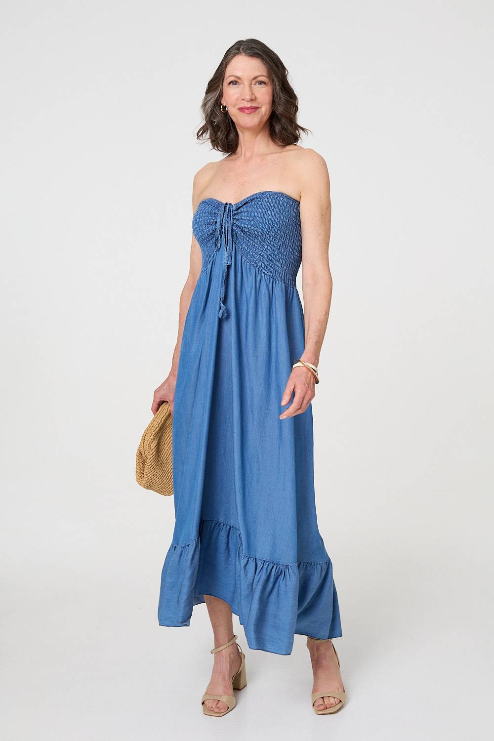 Strapless Shirred Frill Hem Maxi Dress Side View 2