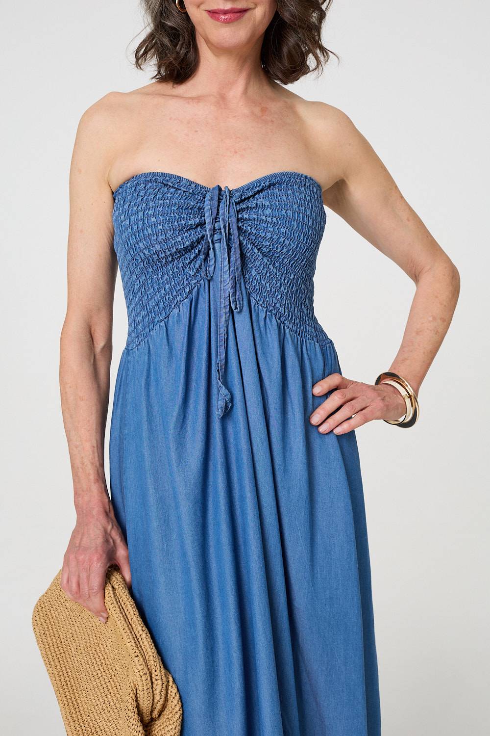 Strapless Shirred Frill Hem Maxi Dress Front View 2