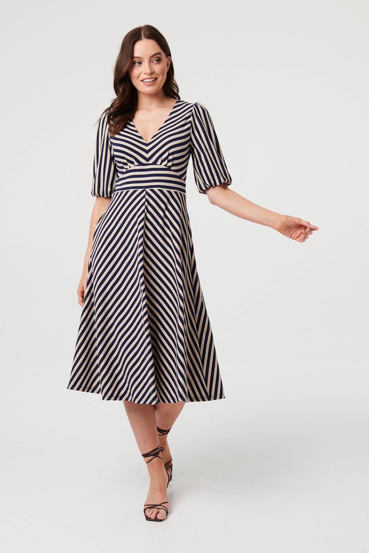 Striped 1/2 Puff Sleeve Midi Dress Back View