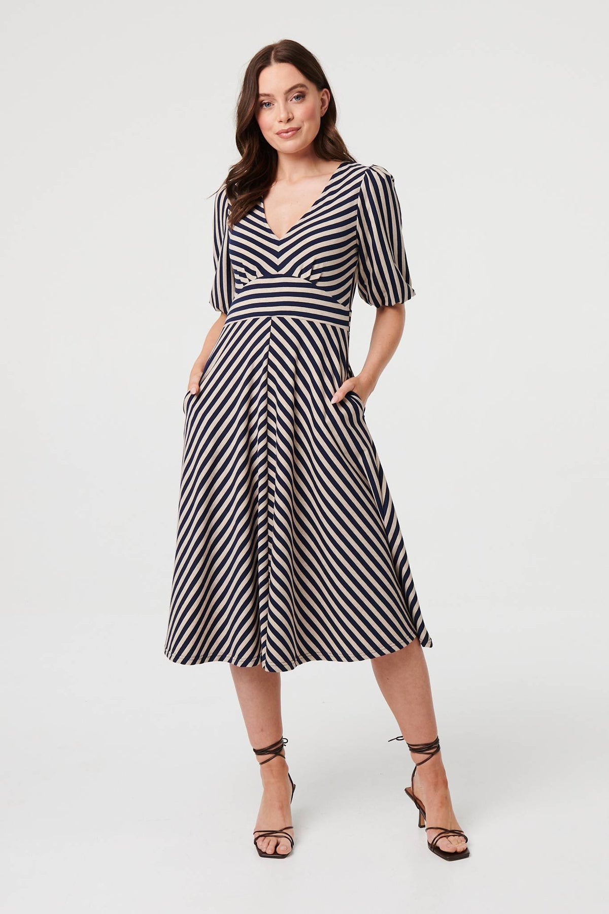 Striped 1/2 Puff Sleeve Midi Dress Front View