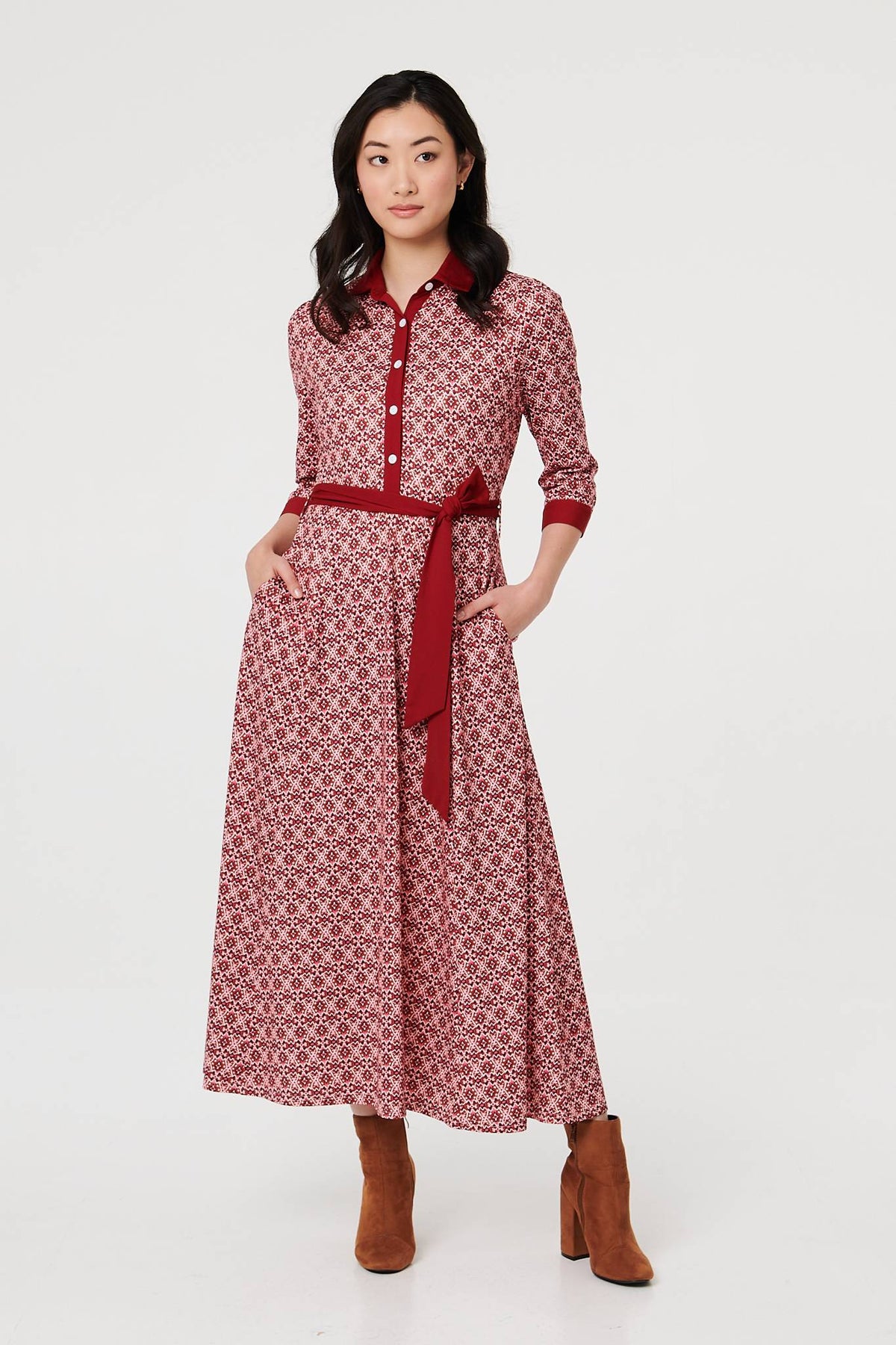 Printed 3/4 Sleeve Tie Waist Maxi Dress Front View