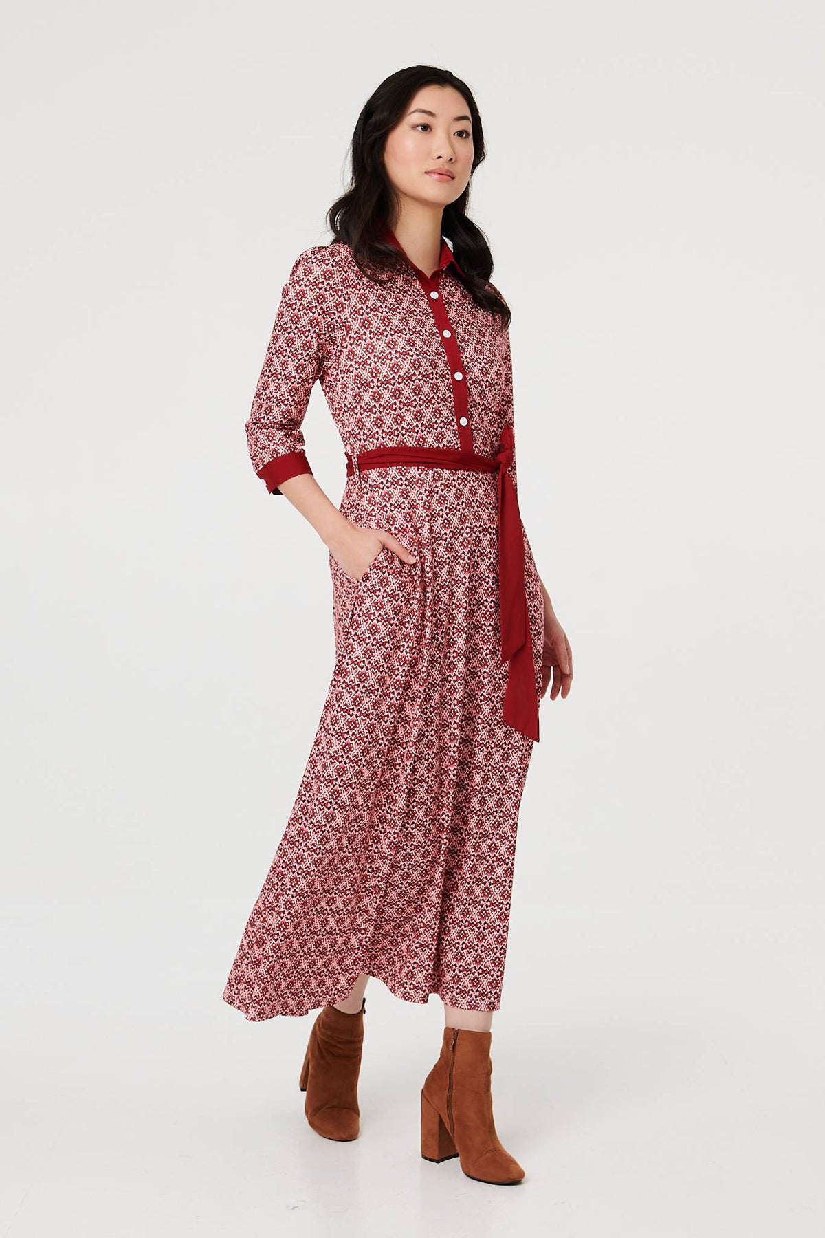 Printed 3/4 Sleeve Tie Waist Maxi Dress Back View