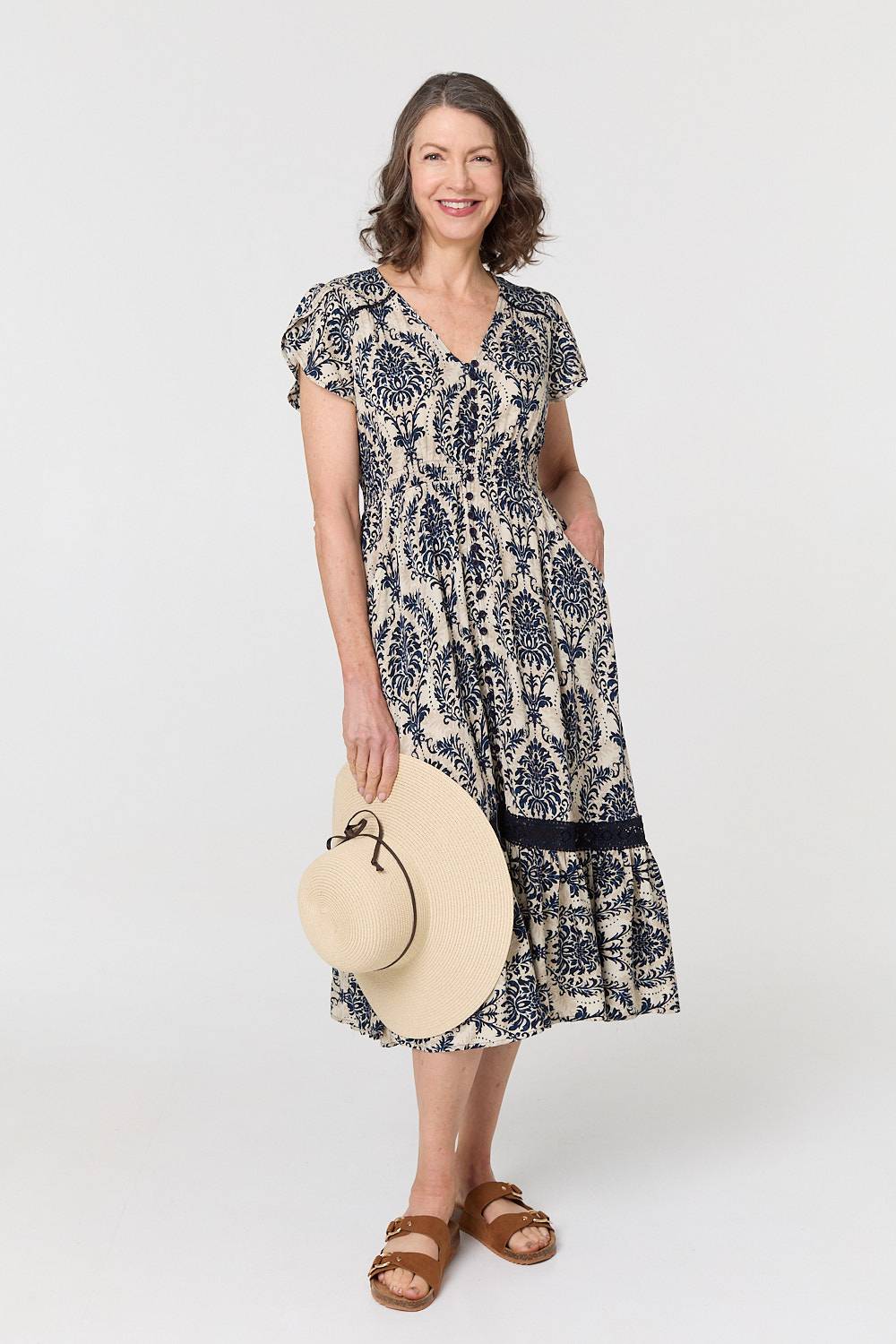 Printed Shirred Lace Midi Dress Detail View