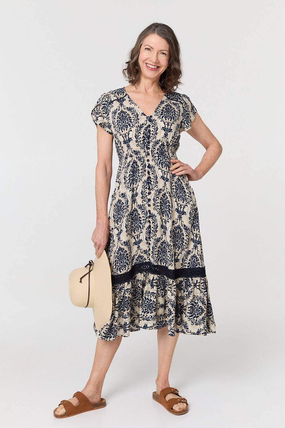 Printed Shirred Lace Midi Dress Front View