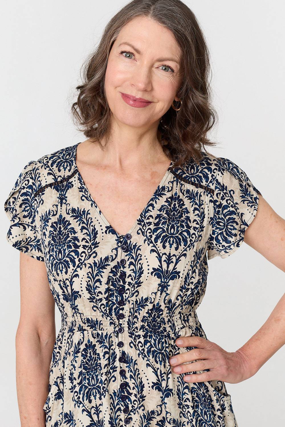 Printed Shirred Lace Midi Dress Back View