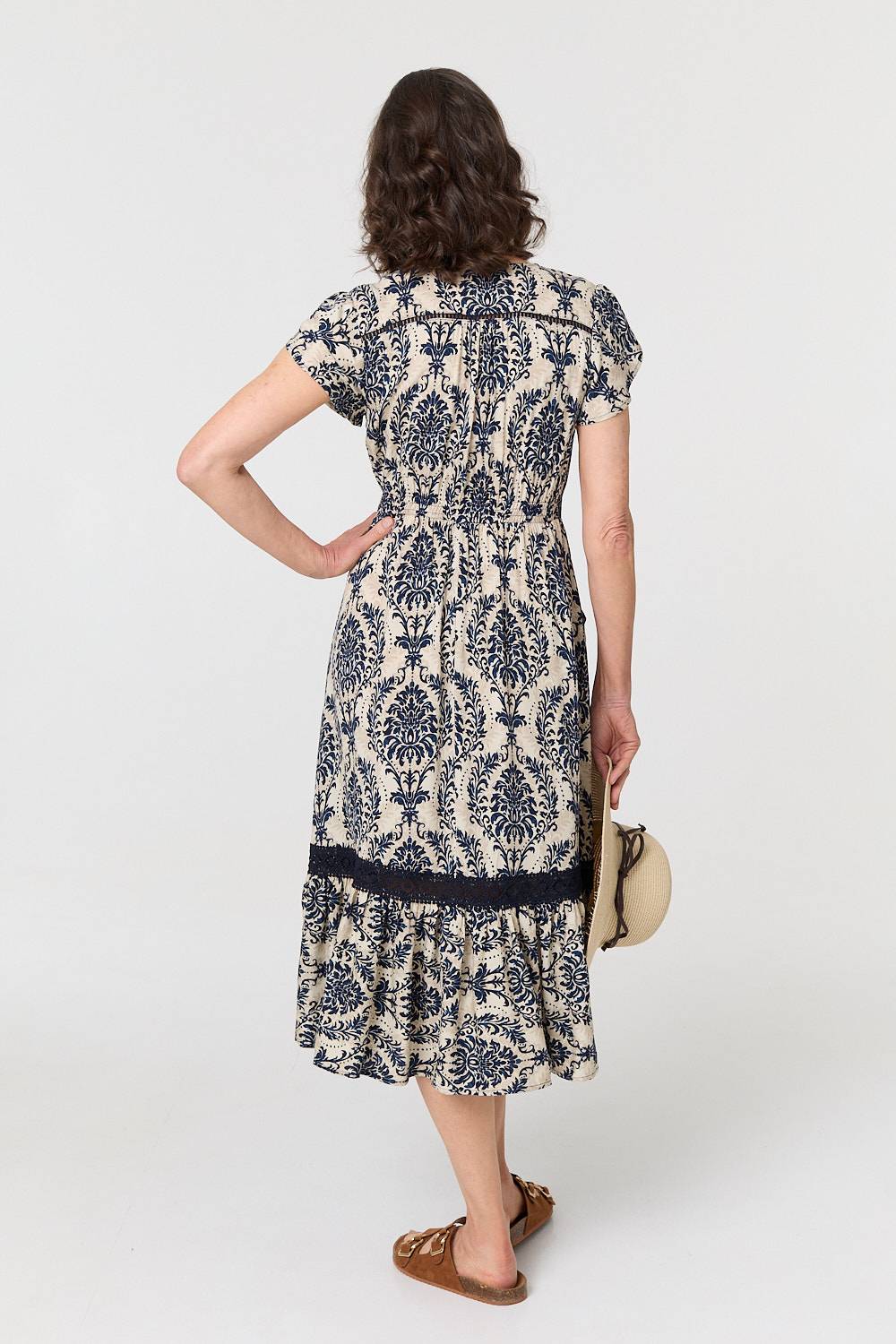 Printed Shirred Lace Midi Dress Side View