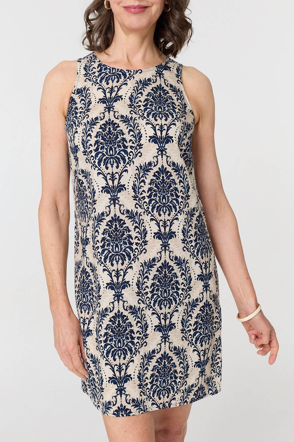 Baroque Print Sleeveless Mini Dress Styled View