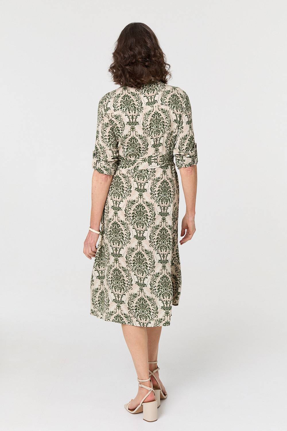 Baroque Print Tie Waist Midi Shirt Dress Side View