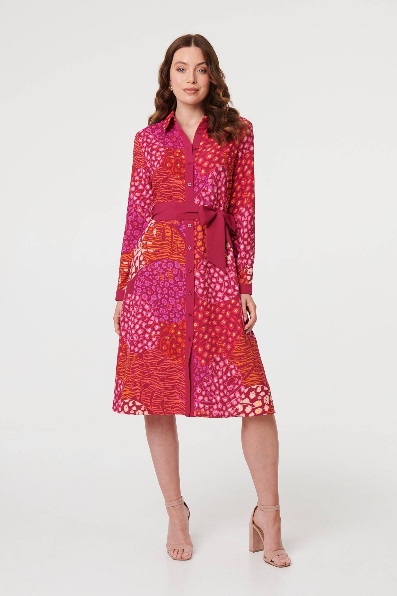 Printed Long Sleeve Collared Midi Dress Detail View 2
