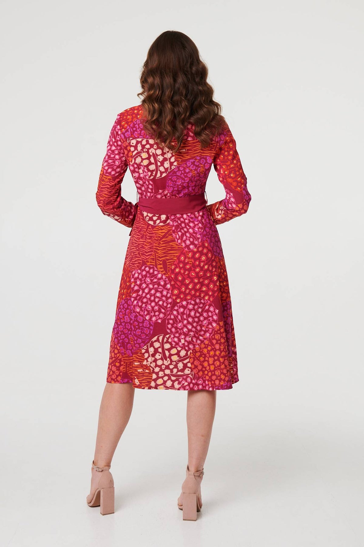 Printed Long Sleeve Collared Midi Dress Front View 2
