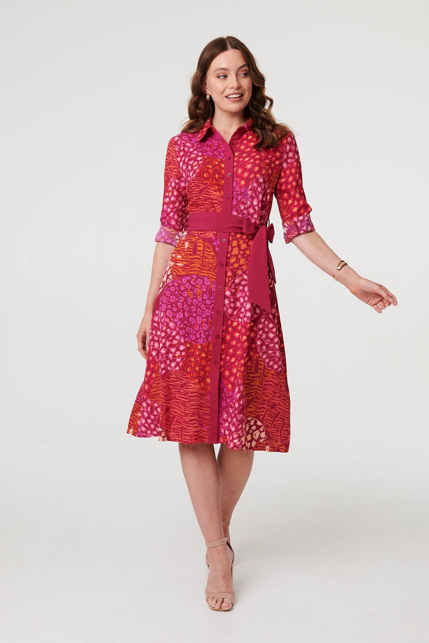Printed Long Sleeve Collared Midi Dress Styled View