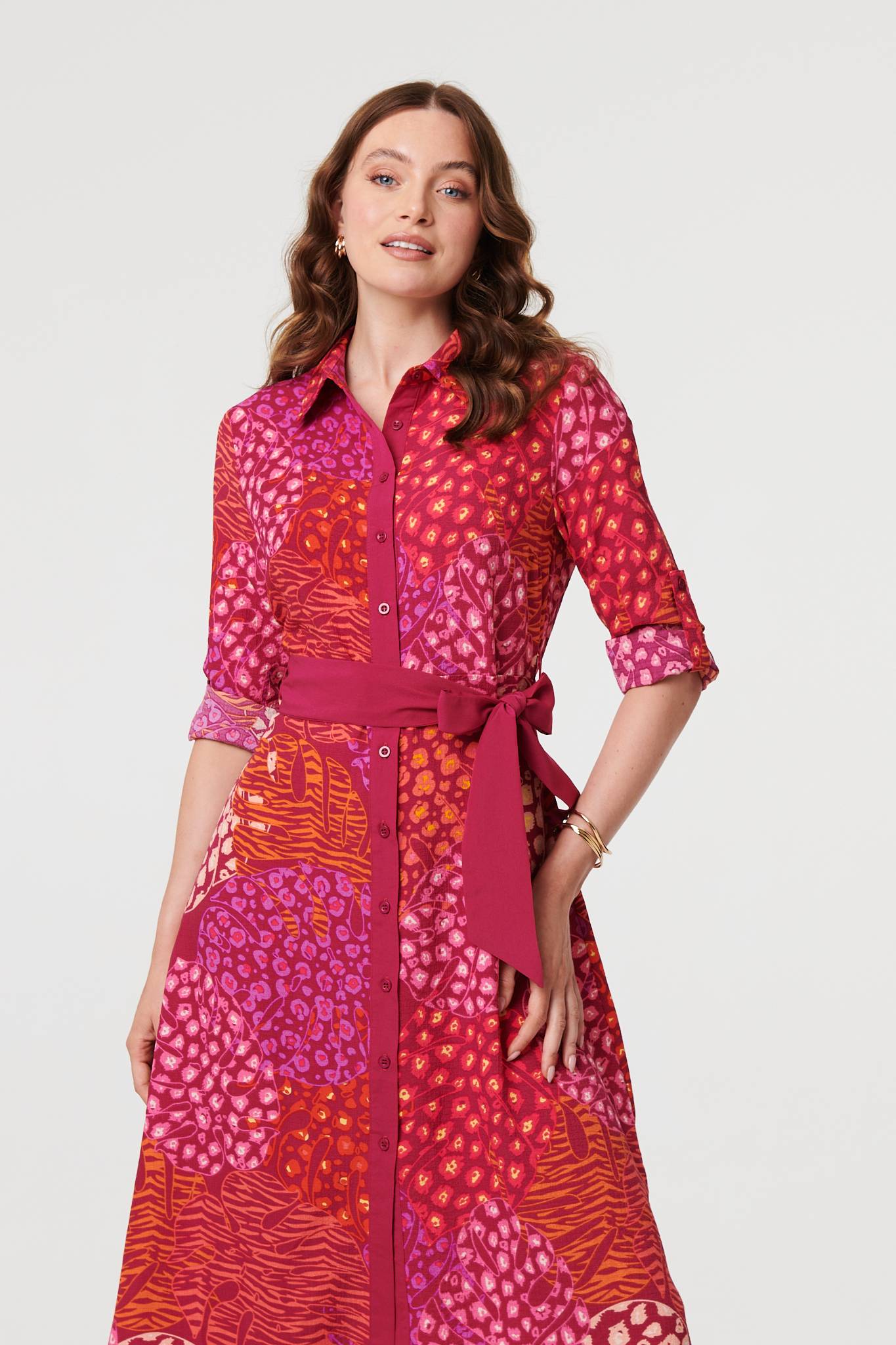 Printed Long Sleeve Collared Midi Dress Back View