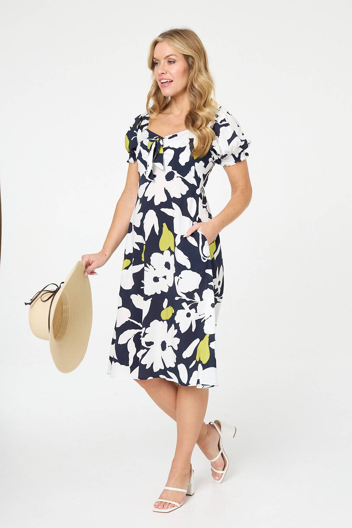 Floral Tie Front Puff Sleeve Midi Dress Styled View