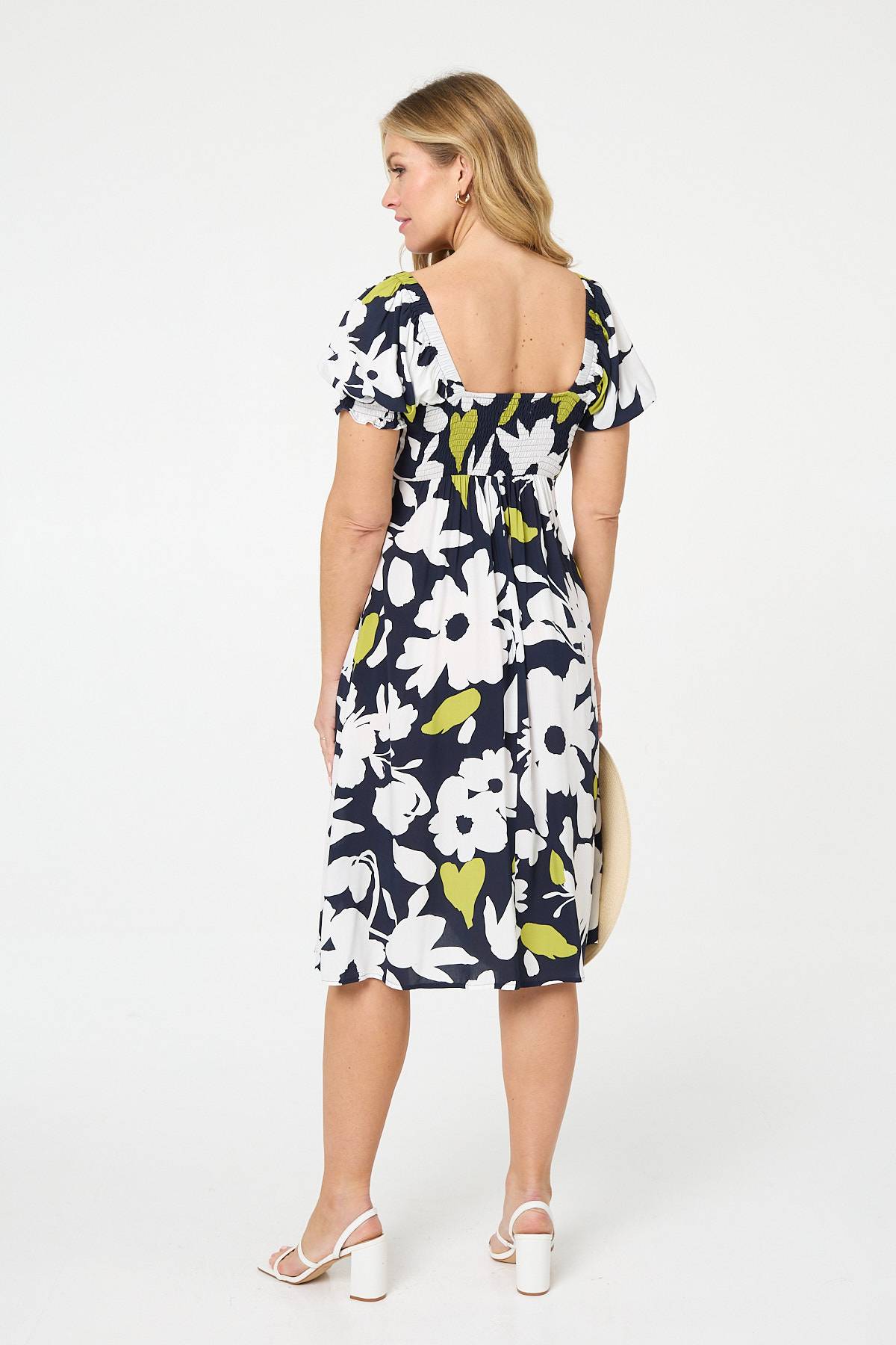 Floral Tie Front Puff Sleeve Midi Dress Detail View