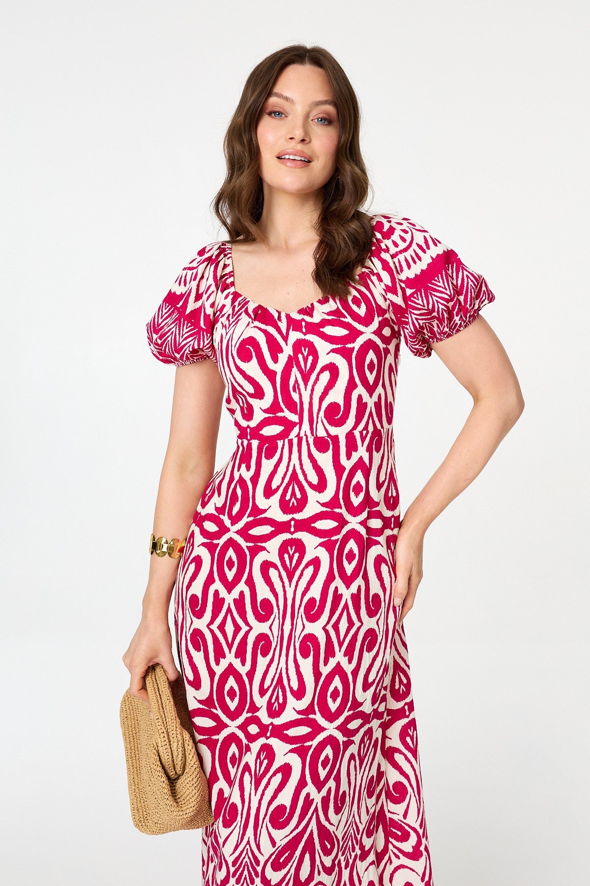 Printed Short Sleeve A-Line Maxi Dress Back View