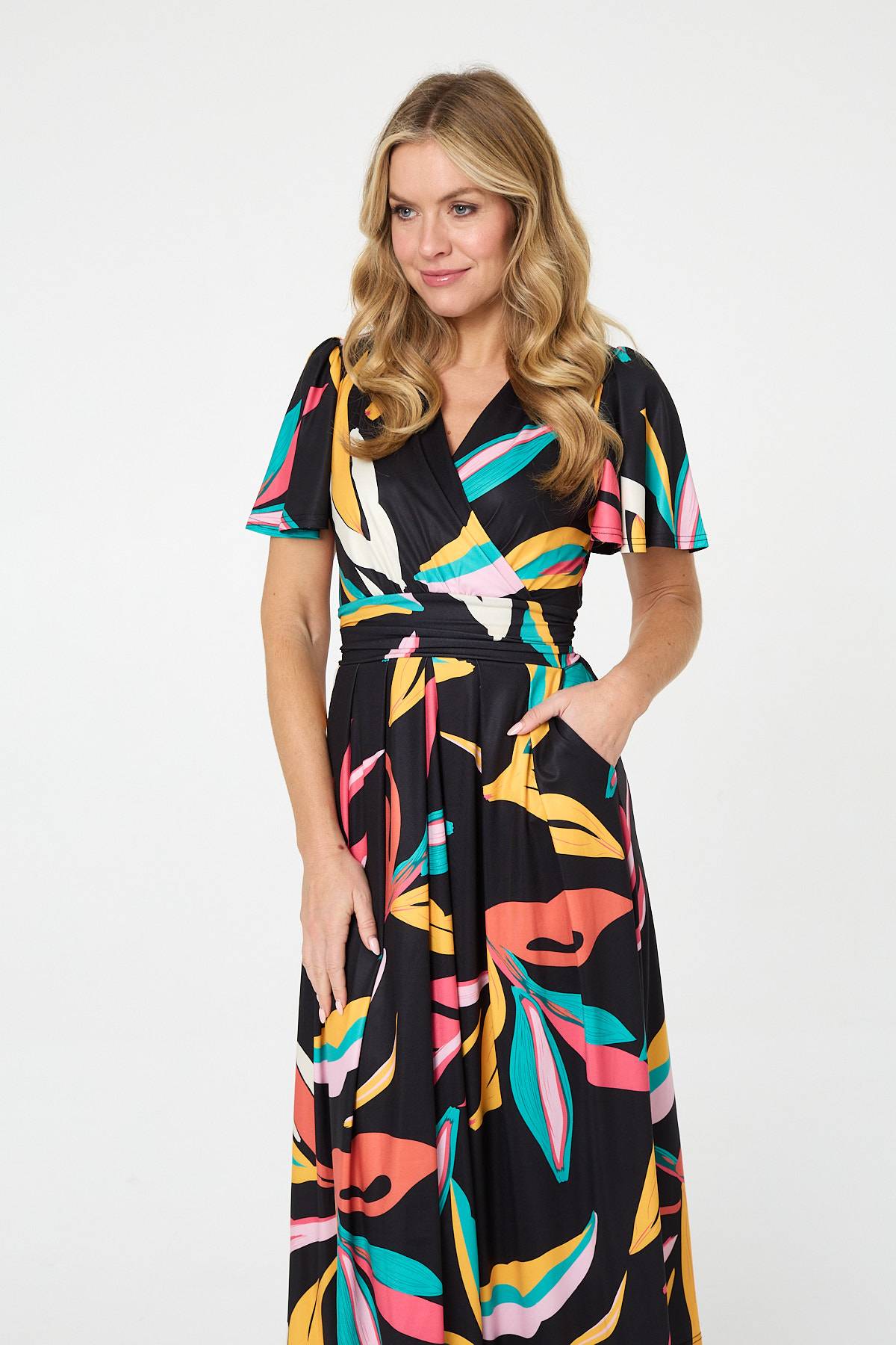 Abstract Faux Wrap Tie Back Midi Dress Styled View