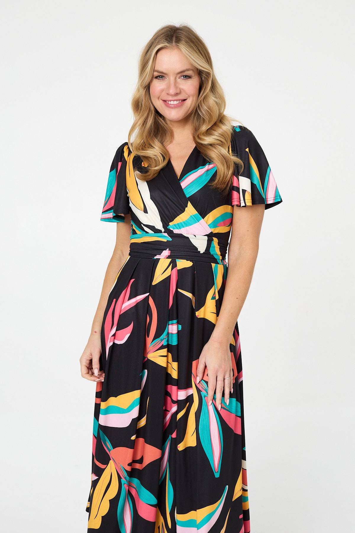 Abstract Faux Wrap Tie Back Midi Dress Back View