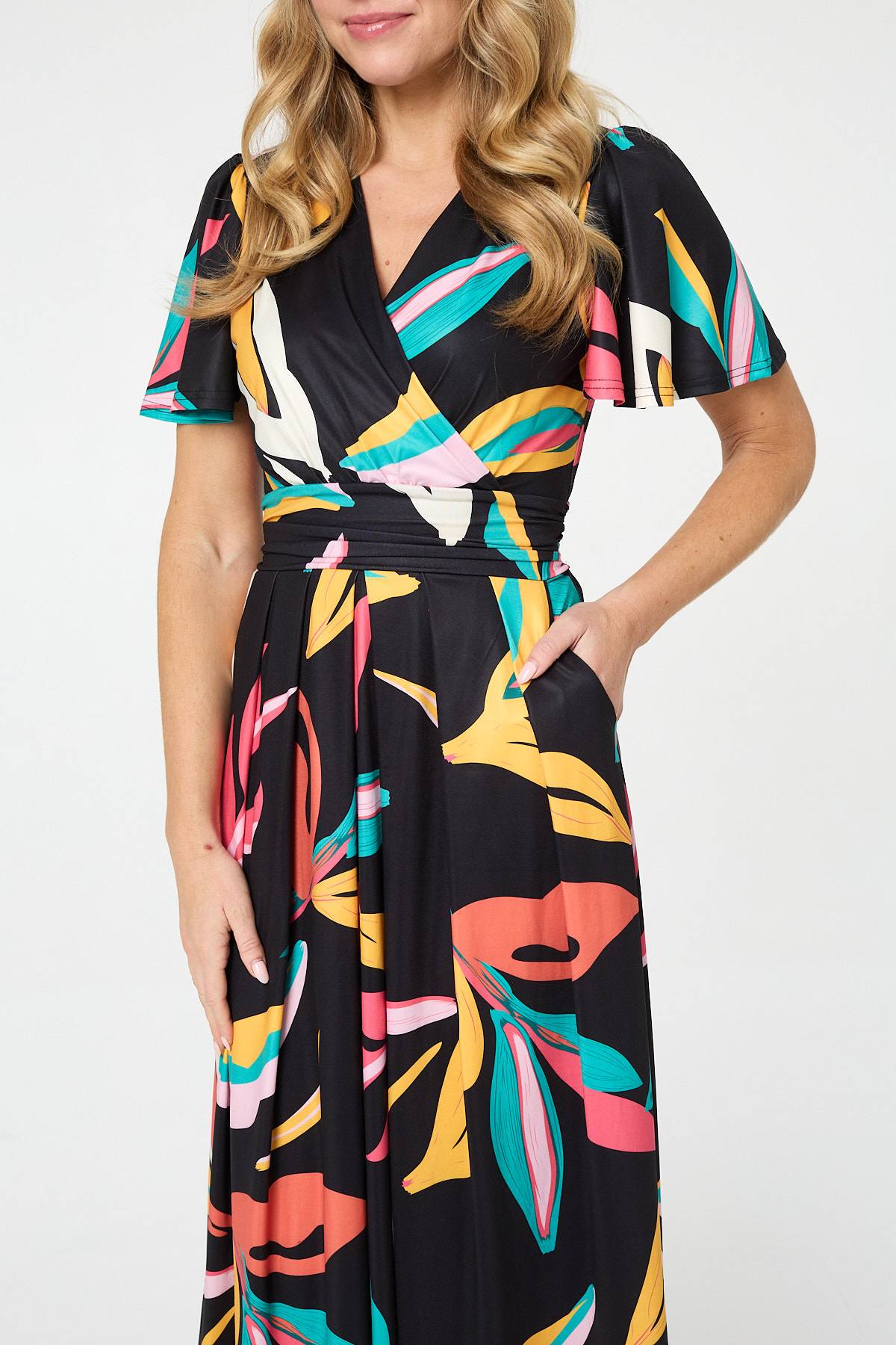 Abstract Faux Wrap Tie Back Midi Dress Full Length View
