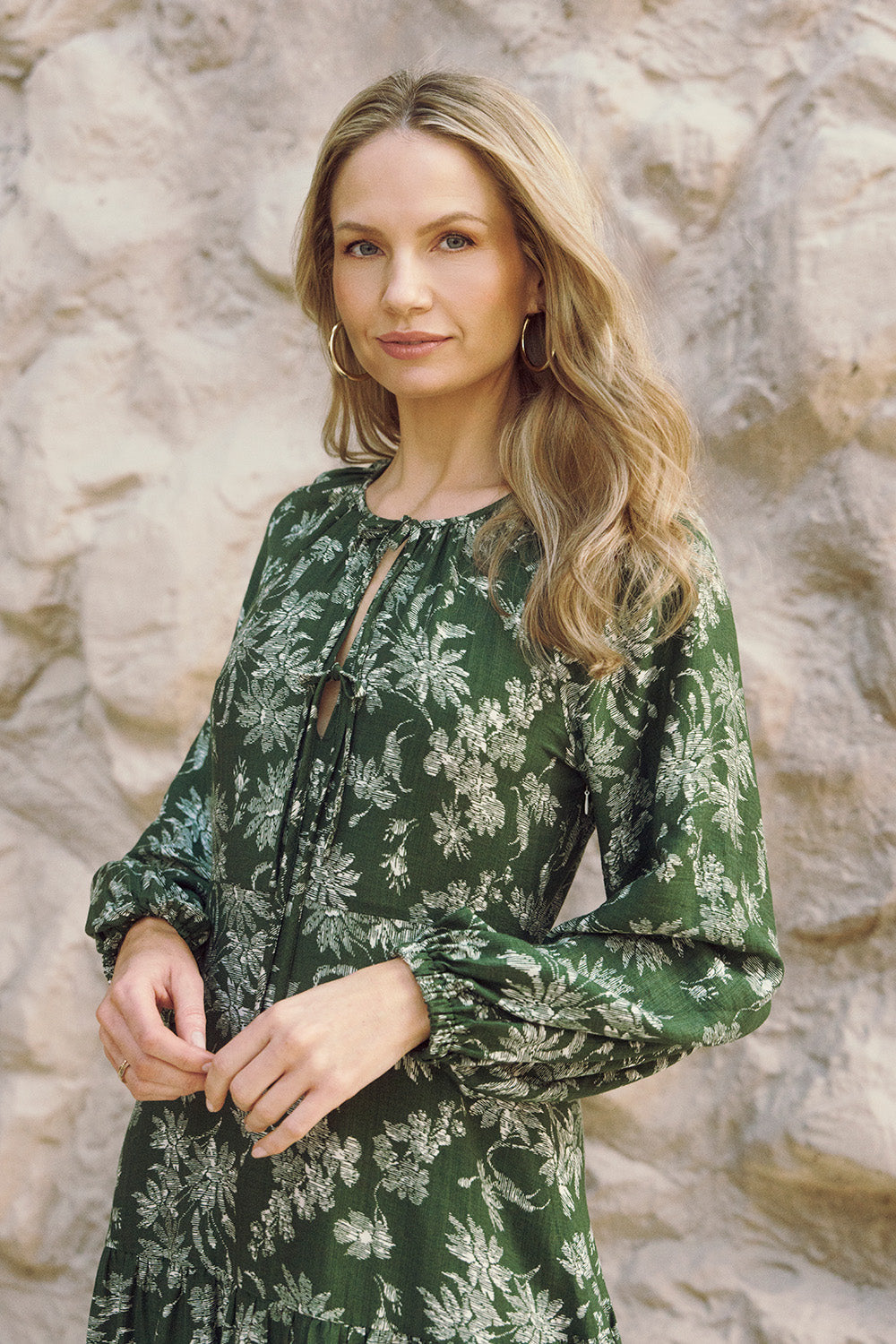 Floral Long Sleeve Tie Neck Maxi Dress Back View