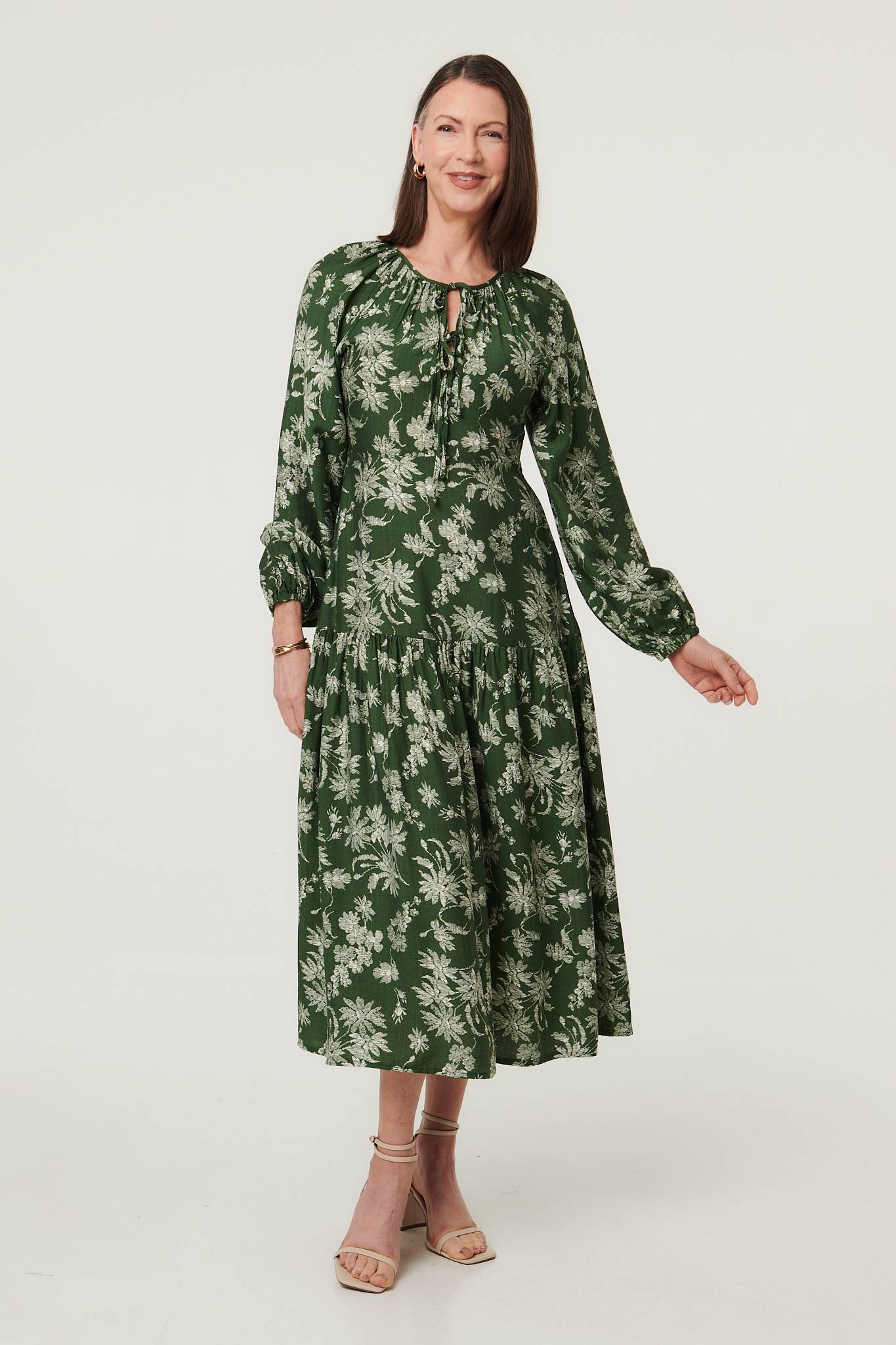 Floral Long Sleeve Tie Neck Maxi Dress Side View