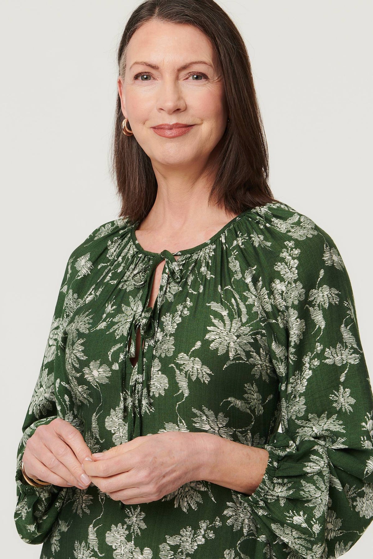 Floral Long Sleeve Tie Neck Maxi Dress Full Length View