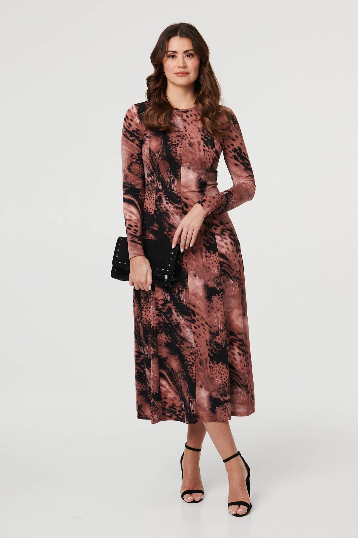 Abstract Long Sleeve Flared Midi Dress Front View