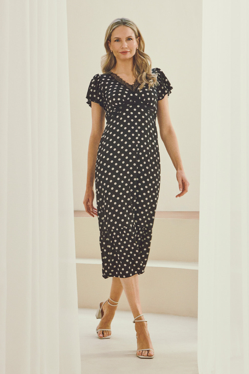 Polka Dot Lace Trim Empire Midi Dress Front View