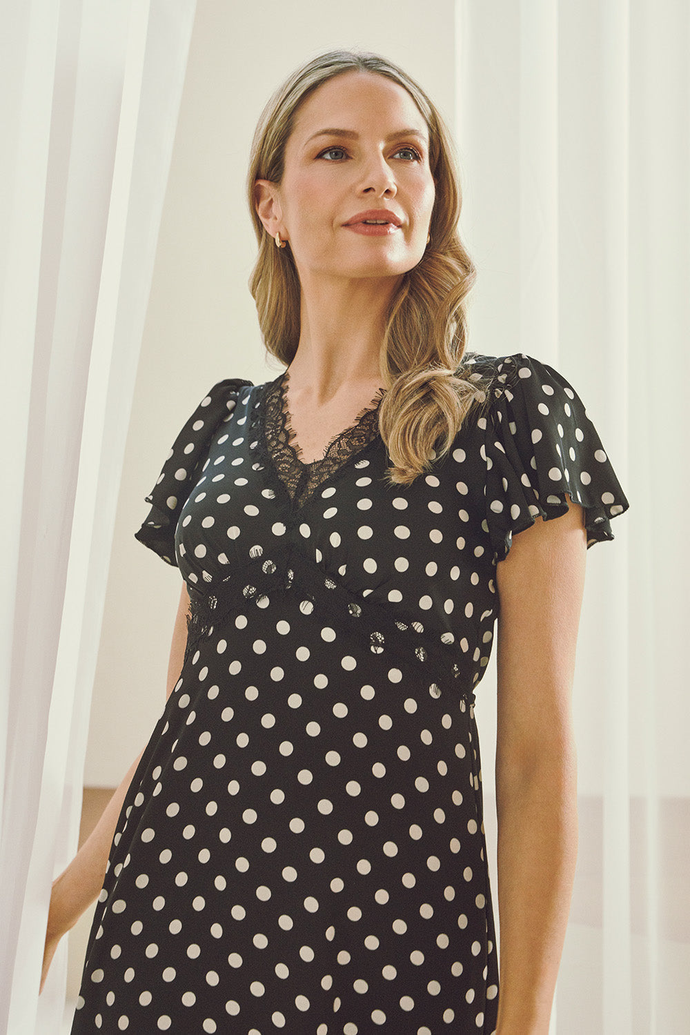 Polka Dot Lace Trim Empire Midi Dress Back View