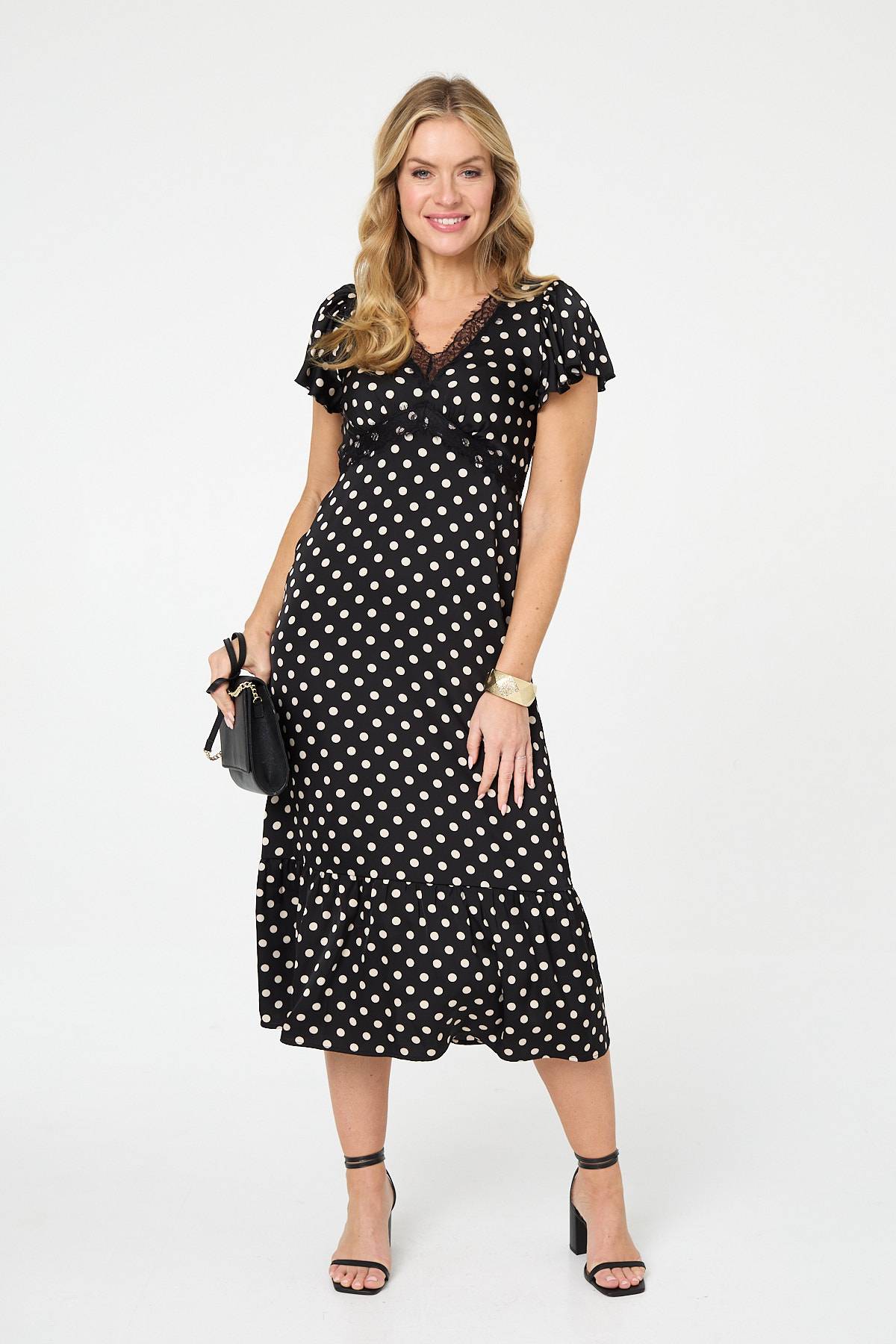 Polka Dot Lace Trim Empire Midi Dress Full Length View