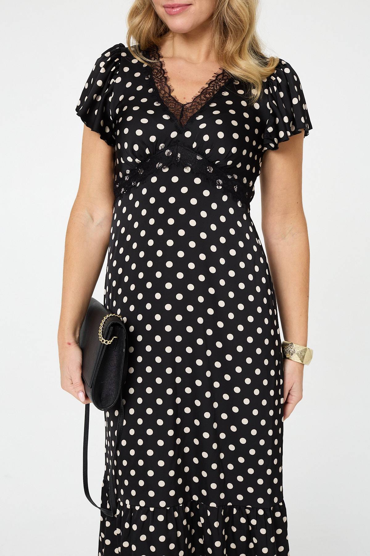 Polka Dot Lace Trim Empire Midi Dress Back View 2