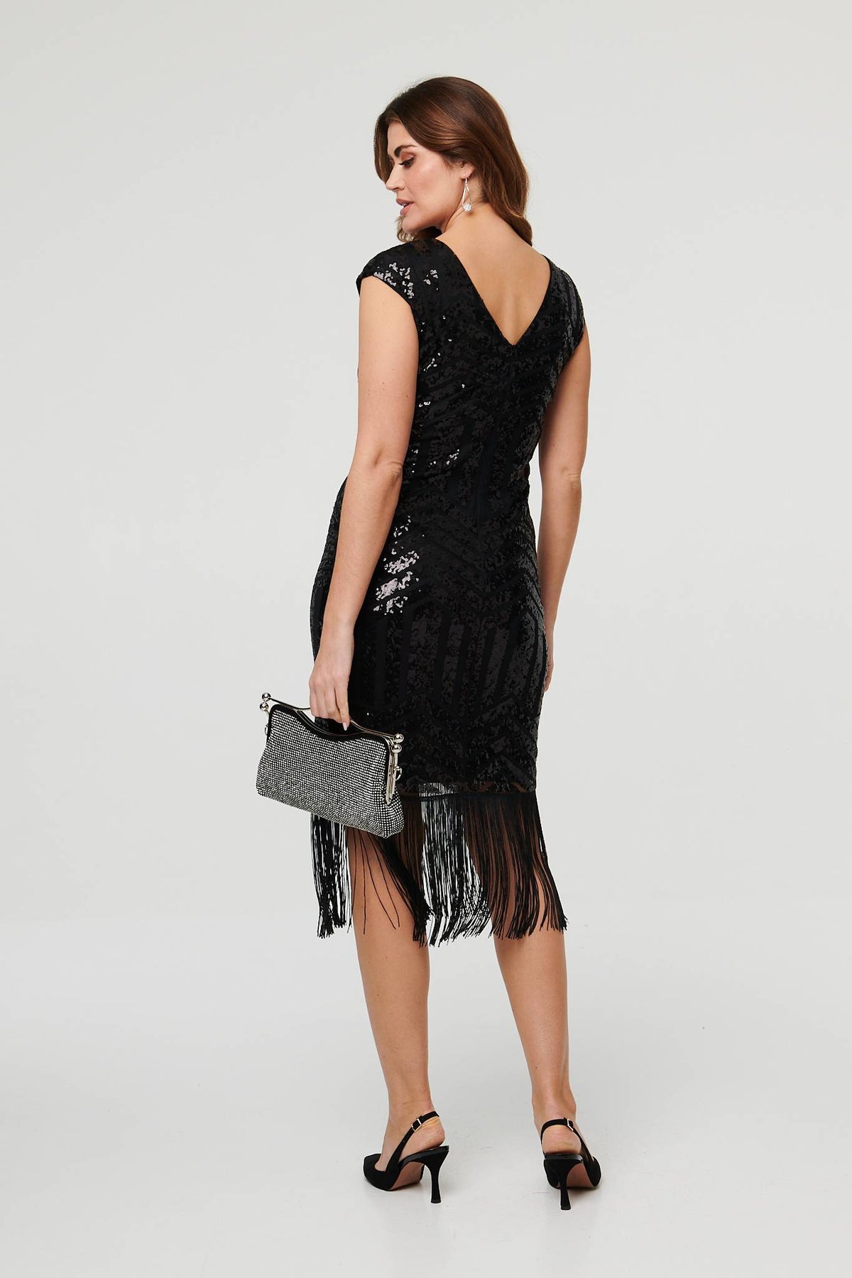 Sequin Embellished Fringed Midi Dress Full Length View