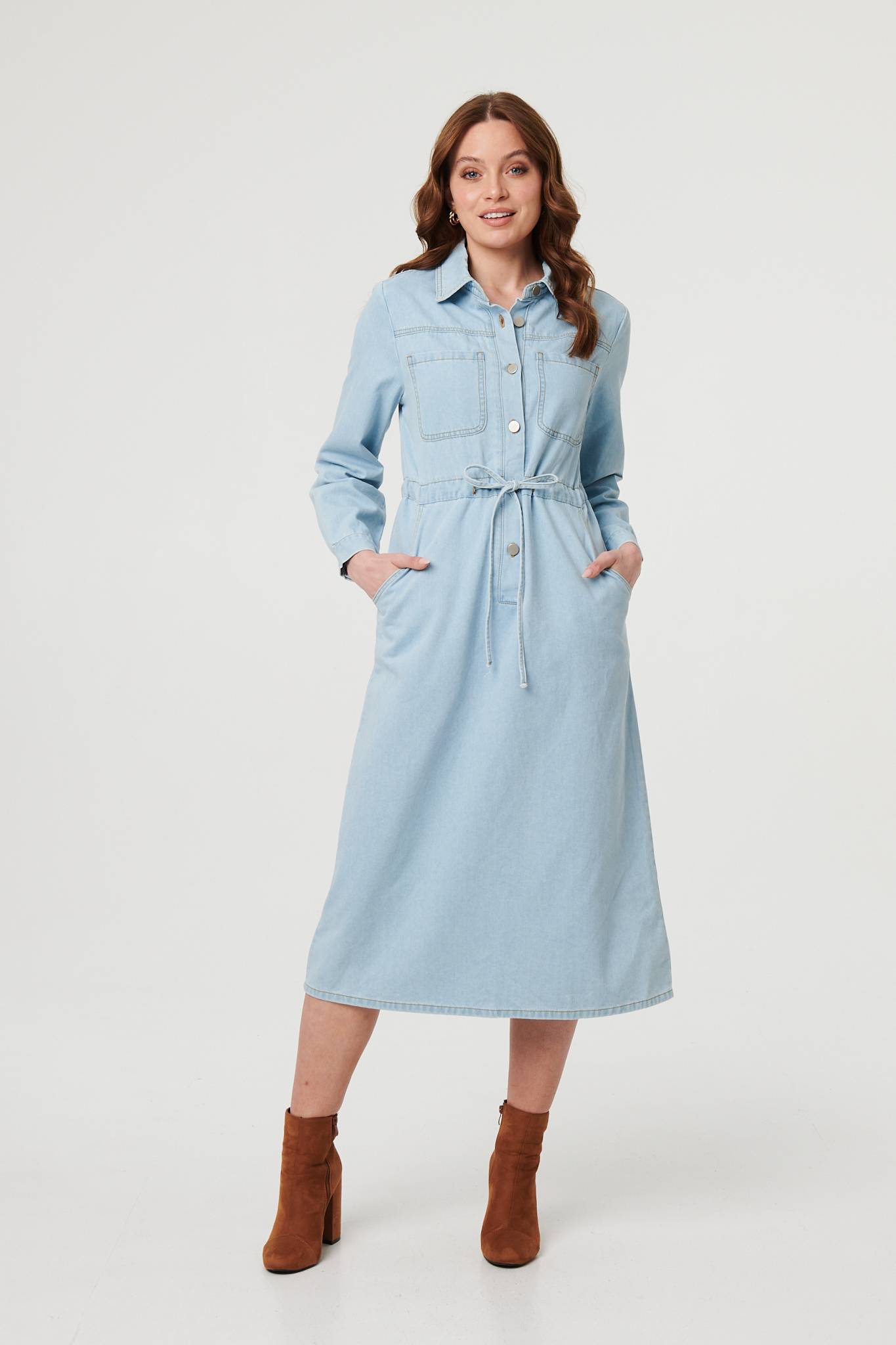 Denim Tie Waist Long Sleeve Midi Dress Full Length View