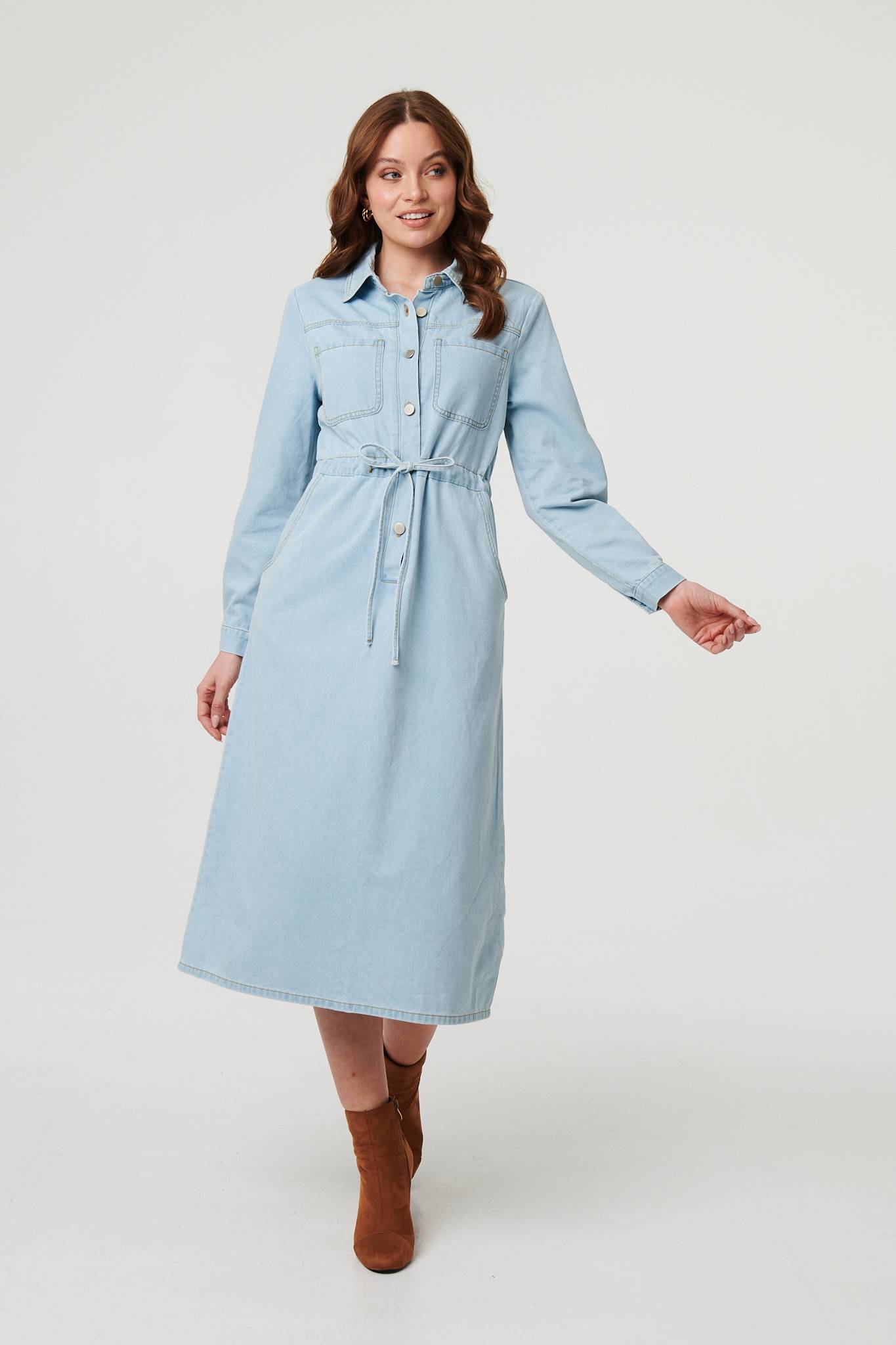 Denim Tie Waist Long Sleeve Midi Dress Front View