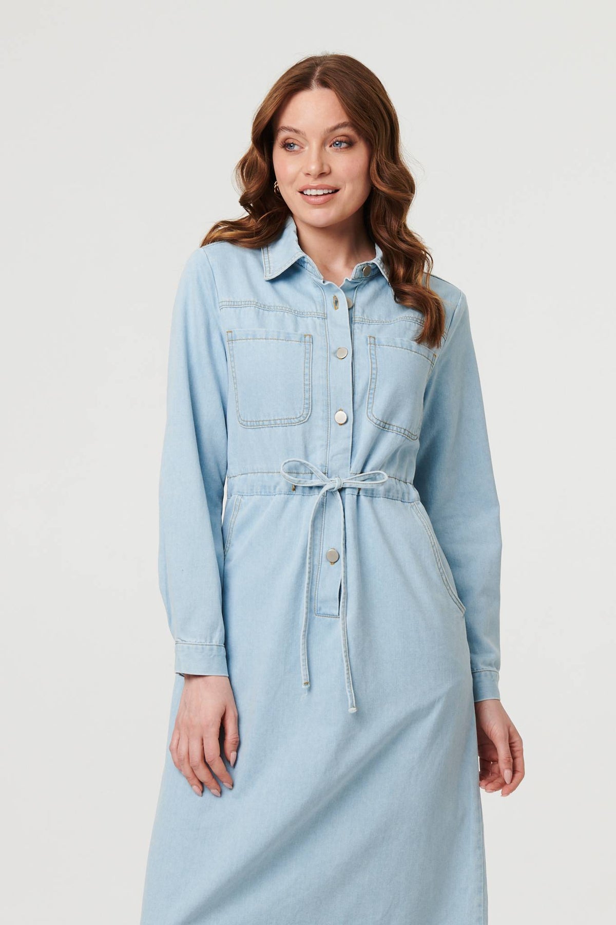 Denim Tie Waist Long Sleeve Midi Dress Styled View