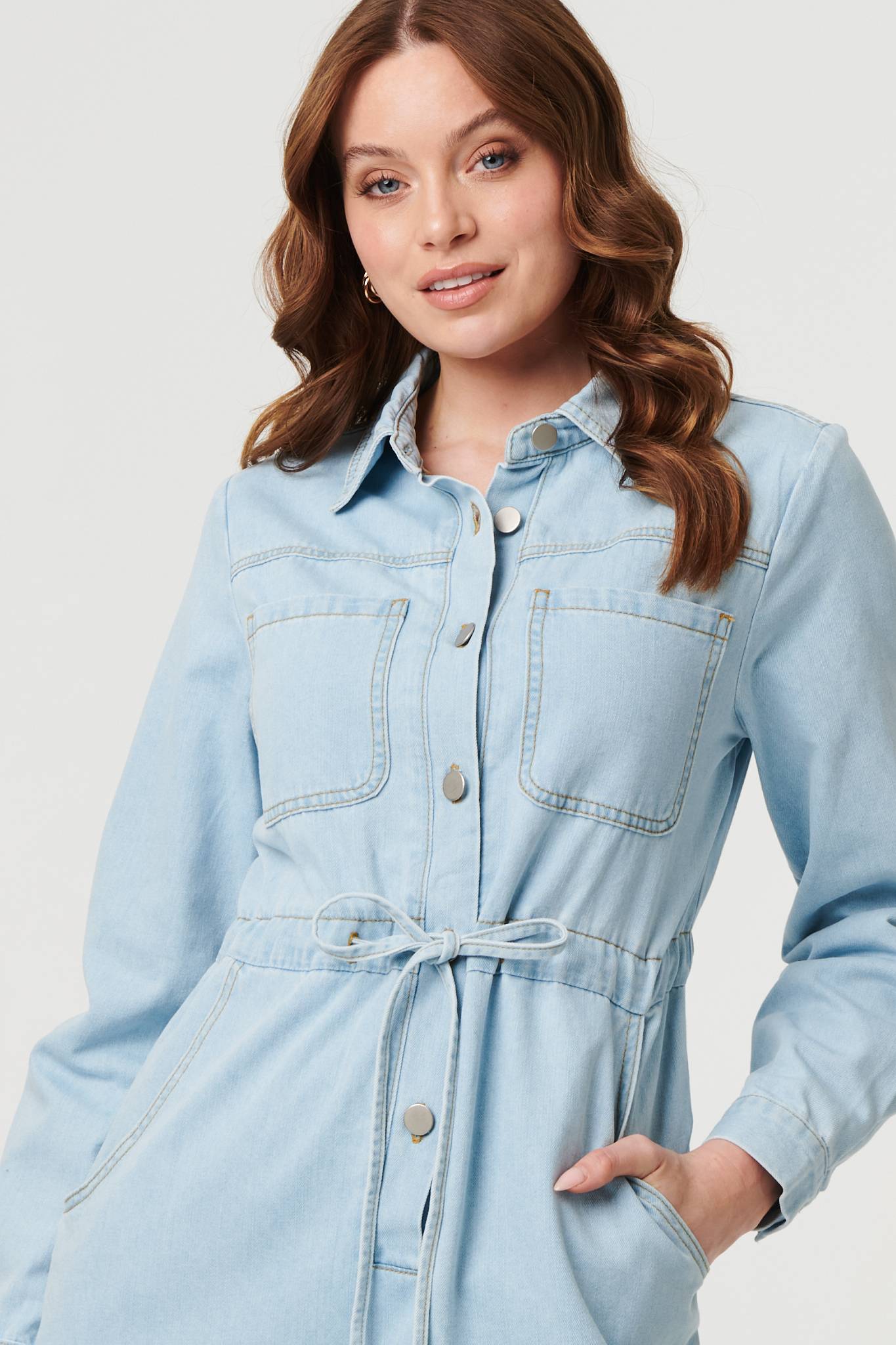 Denim Tie Waist Long Sleeve Midi Dress Detail View