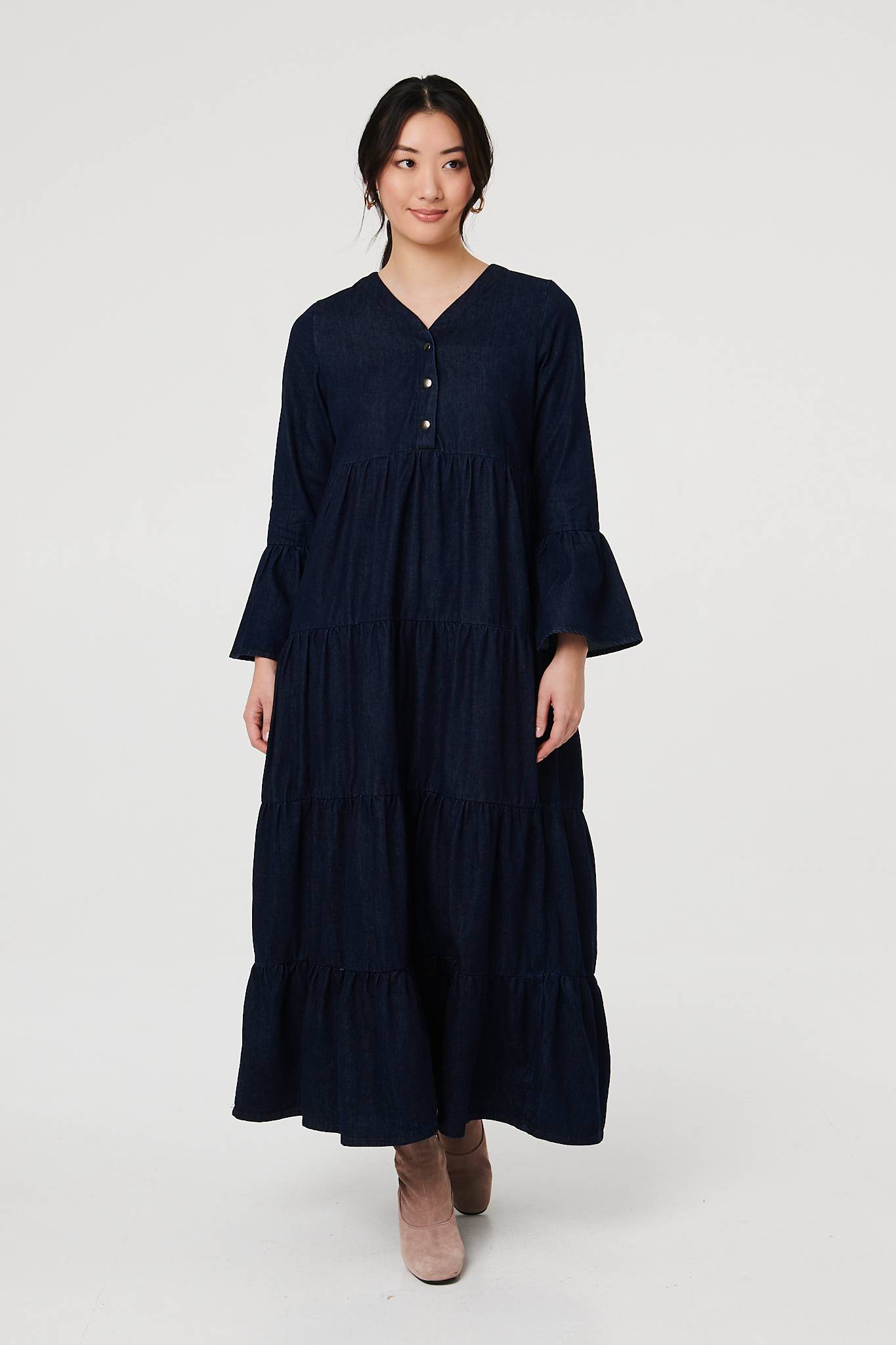 Tiered Long Sleeve Relaxed Maxi Dress Front View