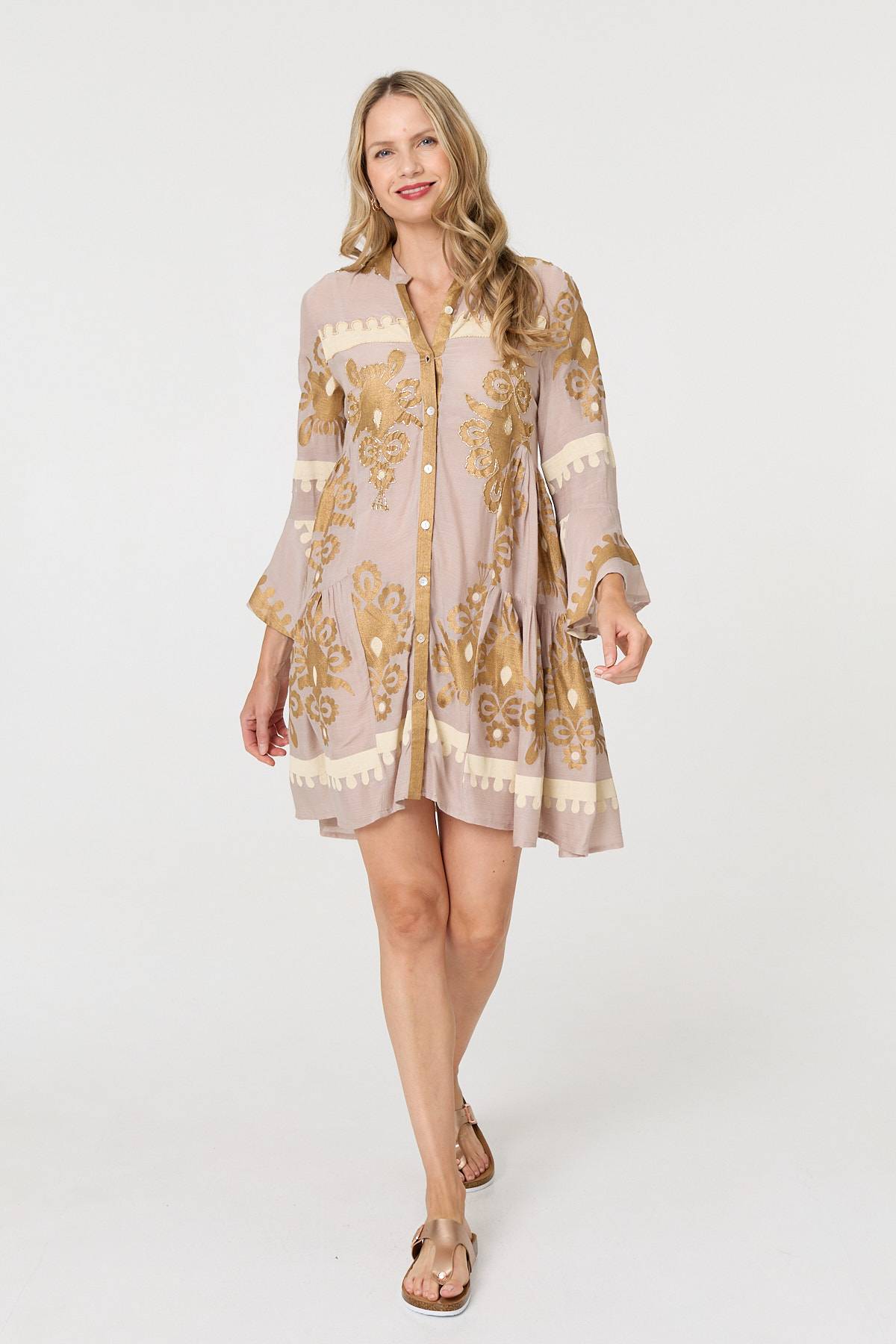 Baroque Print Long Sleeve Short Dress Back View