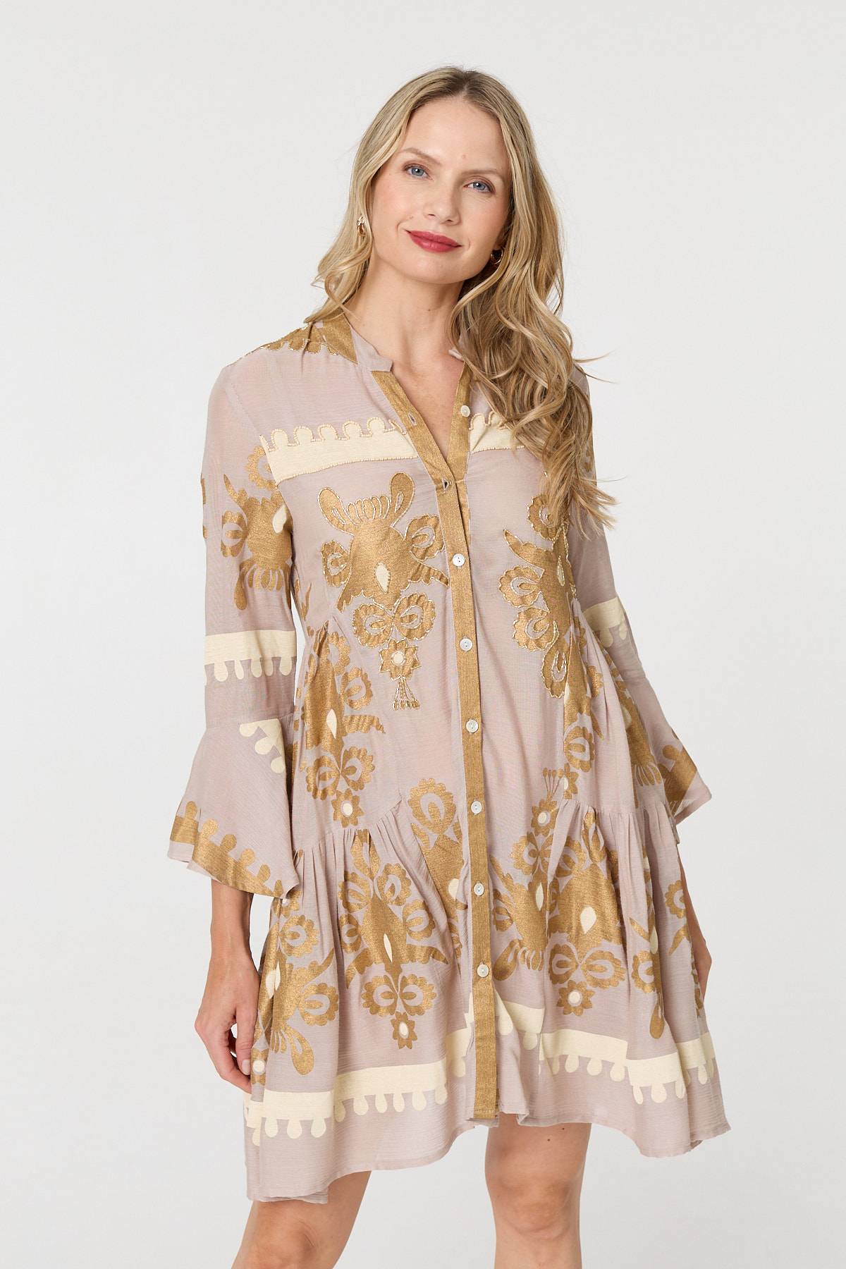Baroque Print Long Sleeve Short Dress Full Length View