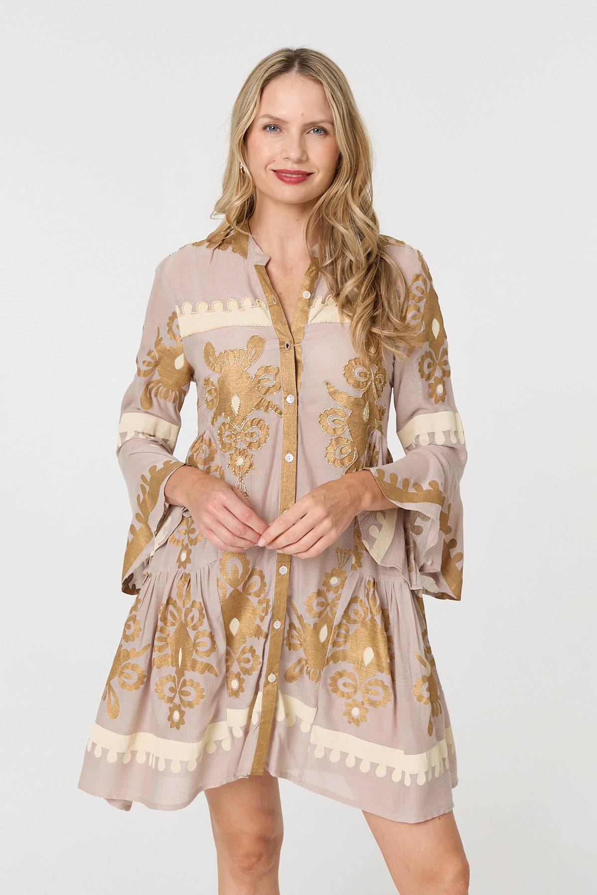 Baroque Print Long Sleeve Short Dress Front View