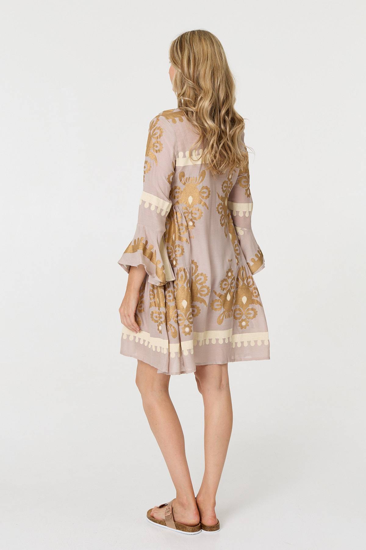 Baroque Print Long Sleeve Short Dress Detail View